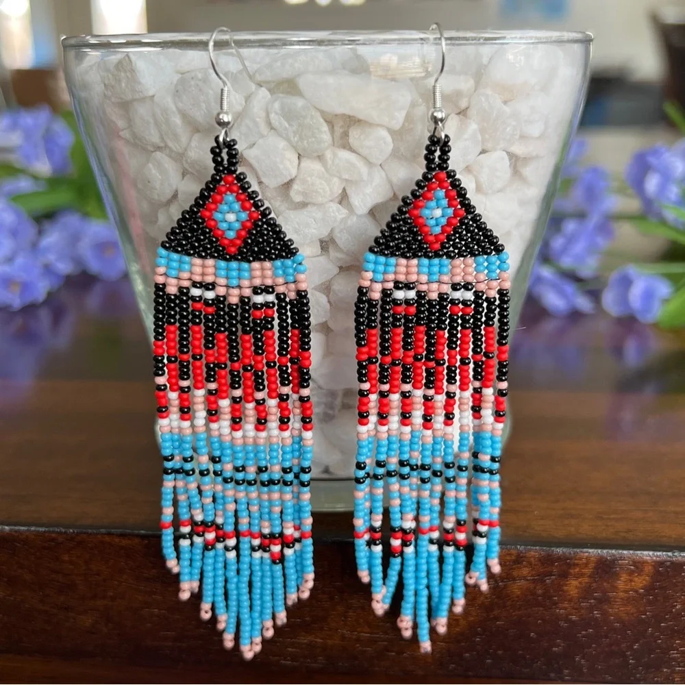 BOHO‎ Seed Bead Fringe Earrings Black Blue Red Native American Style Handmade